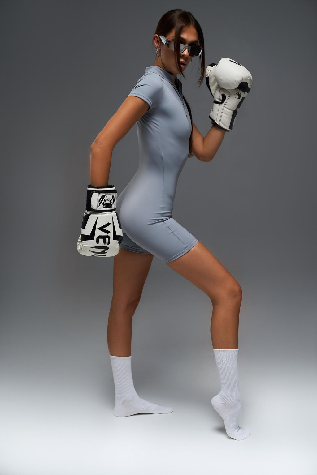 Short Sleeve Zipper Jumpsuit | Stretch Activewear Bodysuit, Light Gray