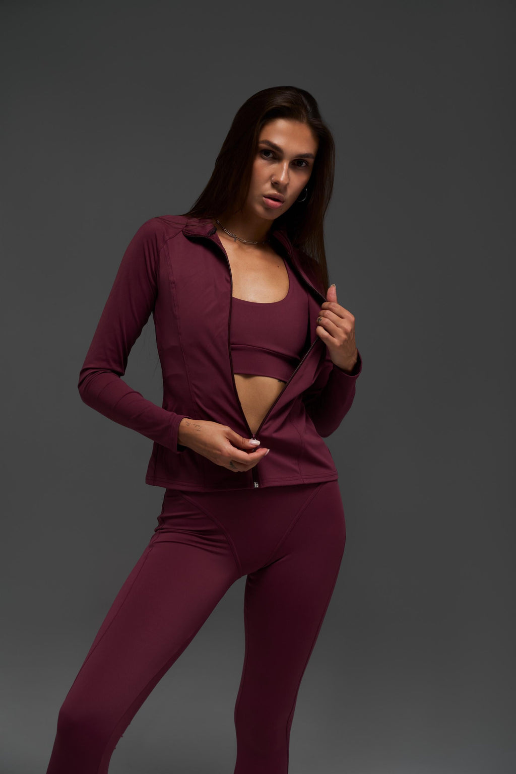 Zip Up Rashguard Top | Sculpting Activewear Jacket, Dark Cherry