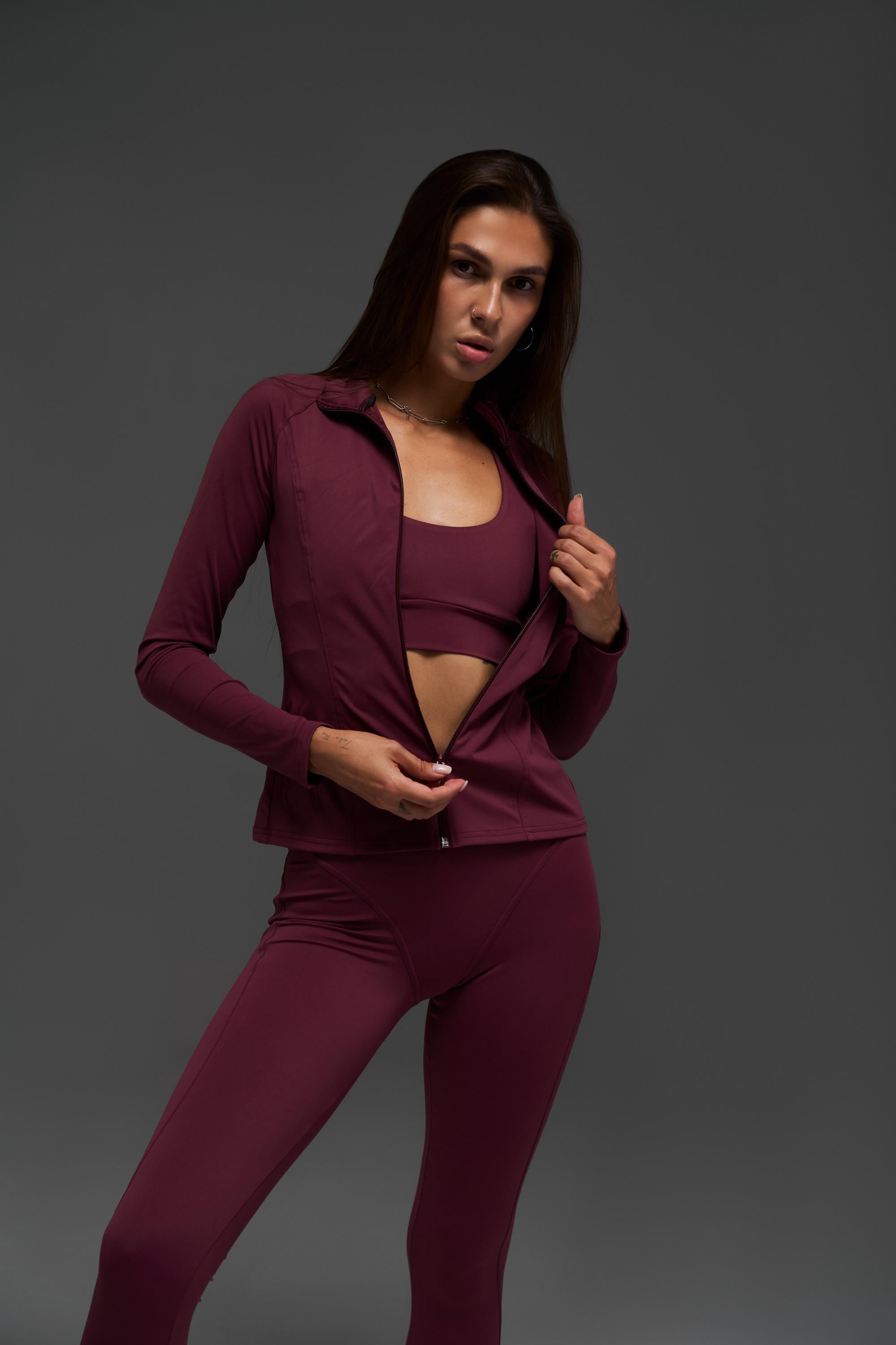 Zip Up Rashguard Top | Sculpting Activewear Jacket, Dark Cherry